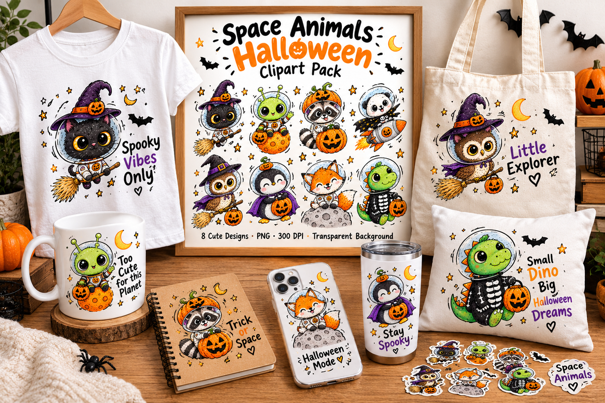 Space Animals Halloween Clipart PNG, Cute Astronaut Animals, Spooky Animal Clipart, Halloween Sublimation Design