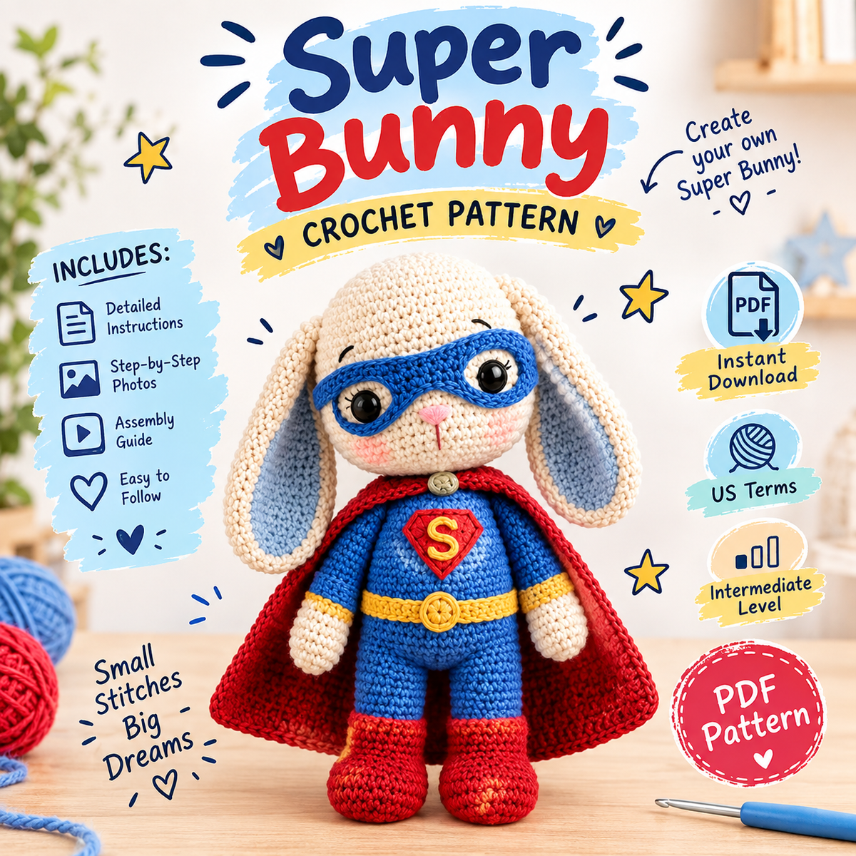 Super Bunny Crochet Pattern PDF | Superhero Bunny Amigurumi Pattern | Cute Crochet Bunny Pattern