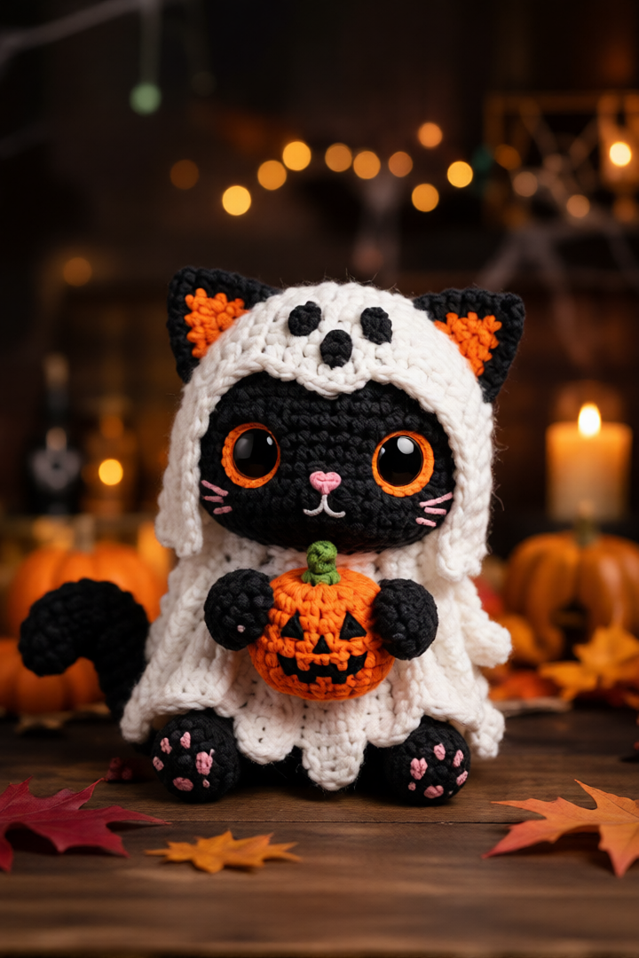 Crochet Halloween Ghost Cat Pattern PDF, Amigurumi Spooky Black Cat PDF, Halloween Crochet Pattern, Cute Spooky Amigurumi Pattern
