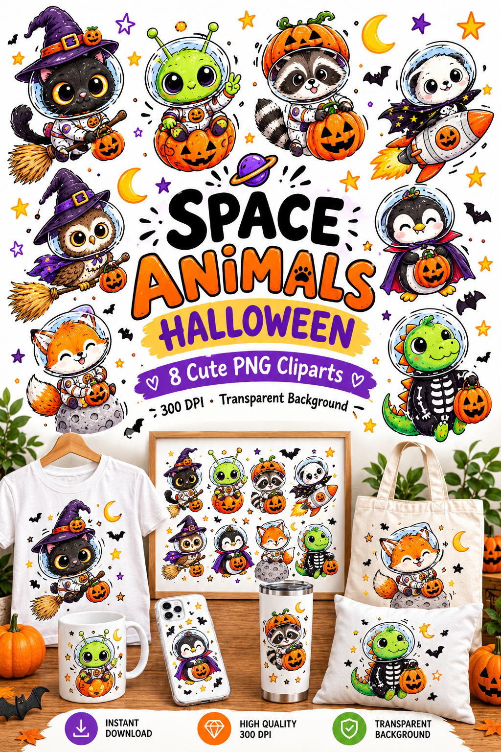 Space Animals Halloween Clipart PNG, Cute Astronaut Animals, Spooky Animal Clipart, Halloween Sublimation Design