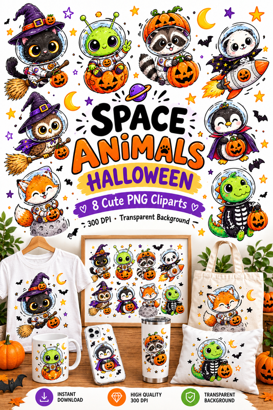 Space Animals Halloween Clipart PNG, Cute Astronaut Animals, Spooky Animal Clipart, Halloween Sublimation Design