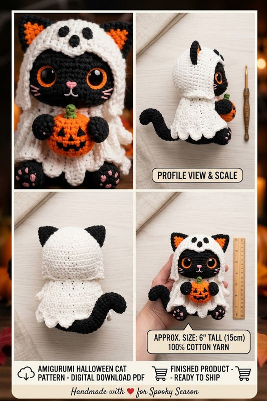 Crochet Halloween Ghost Cat Pattern PDF, Amigurumi Spooky Black Cat PDF, Halloween Crochet Pattern, Cute Spooky Amigurumi Pattern