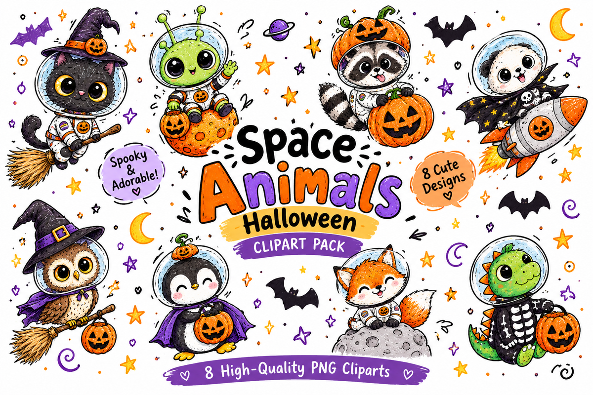 Space Animals Halloween Clipart PNG, Cute Astronaut Animals, Spooky Animal Clipart, Halloween Sublimation Design