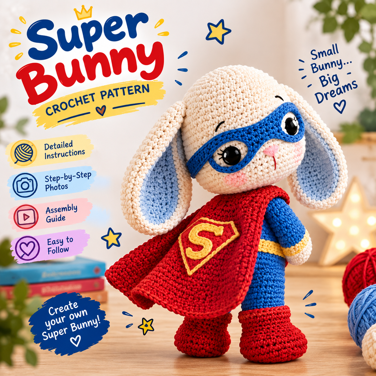 Super Bunny Crochet Pattern PDF | Superhero Bunny Amigurumi Pattern | Cute Crochet Bunny Pattern