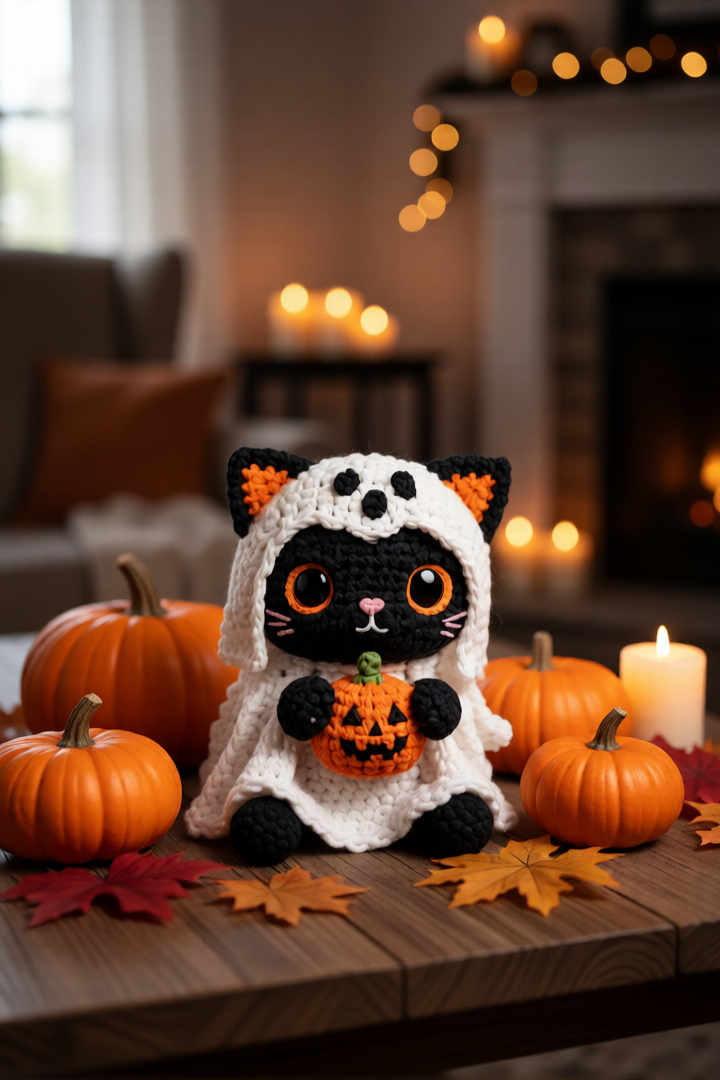Crochet Halloween Ghost Cat Pattern PDF, Amigurumi Spooky Black Cat PDF, Halloween Crochet Pattern, Cute Spooky Amigurumi Pattern