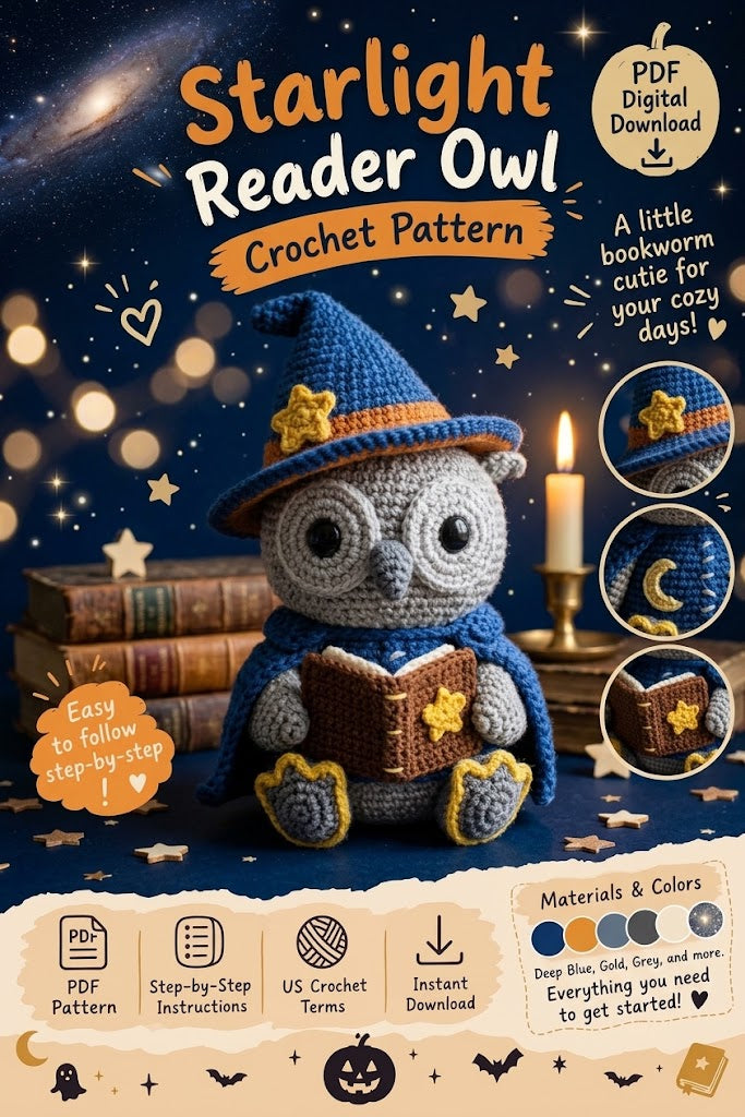 Starlight Reader Owl Crochet Pattern PDF – Wizard Owl Amigurumi Digital Download